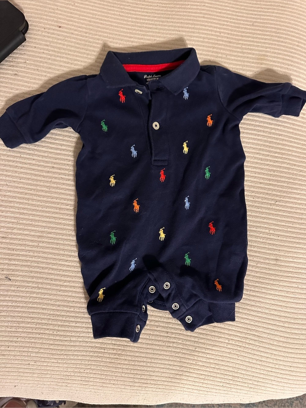 Ralph Lauren Navy Polo Romper with Multicolor Pony Logos